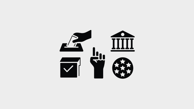 Voting and democracy icons set including ballot box hand flag building and stars on gray background for election and civic engagement concepts