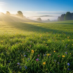 Sunrise over green meadow with flowers.