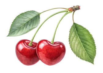 Fresh, ripe, cherries, fruit, illustration, vibrant, isolated on transparent background