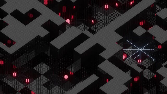 Abstract futuristic dark motherboard data processing with glowing red lights and digital circuit lines motion background