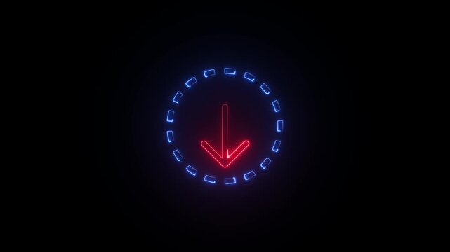 Neon download with blue dashed circle on black background neon sign download arrow down glowing symbol