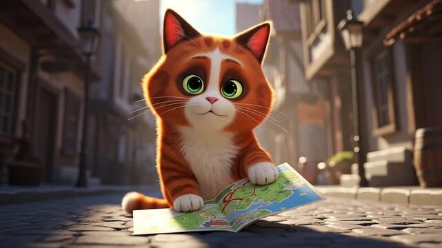 Cute cartoon cat looks confused at map on cobblestone street