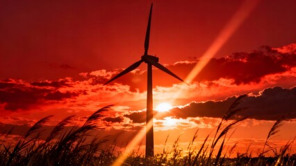 Obraz premium Wind Turbine Silhouette Against a Dramatic Red Sunset Sky in a Grassy Field