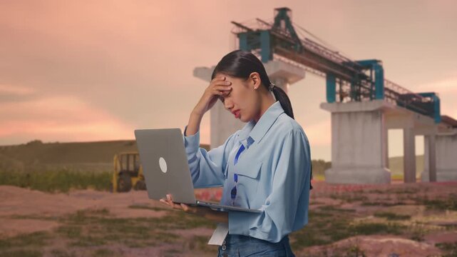 Side View Of Asian Female Professional Worker Use Laptop at Bridge Construction with Concrete Pillars at Sunset,  She Is Nodding Her Shead With Dissapionted