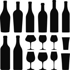 Wine bottle and glass silhouettes set isolated on white background, alcohol drink icons, bar, restaurant, beverage vector collection