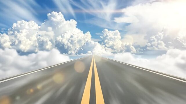 Endless asphalt road stretching into the distance, surrounded by f white clouds and blue sky.