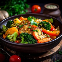 Colorful roasted vegetables in a dark bowl, garnished with herbs