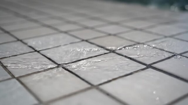 Close up view of clean water washing over white ceramic tiles, creating a soothing and refreshing effect