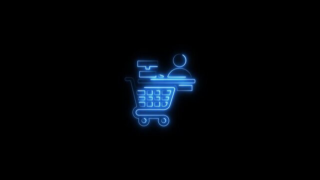 Neon glowing shopping cart with packages and person digital for ecommerce business and online shopping concept