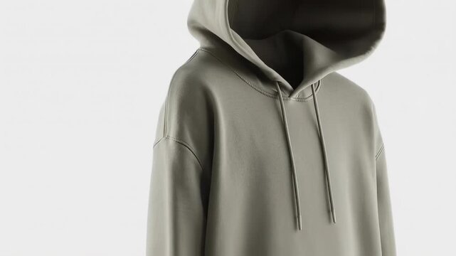 An olive green hoodie sits against a white background; close-up