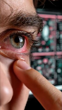 Eye disease problem! Irritated red eye with inflamed blood vessels and blurred vision symptoms caused by prolonged screen exposure and digital strain effects