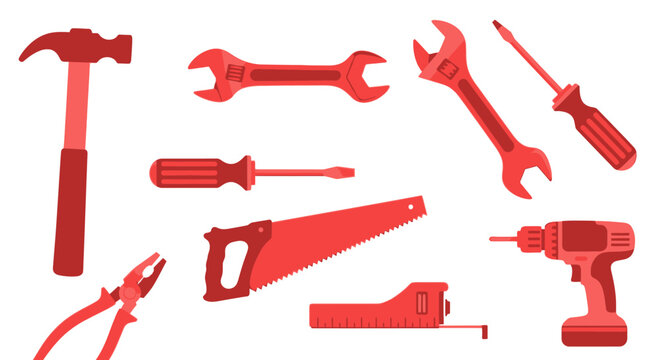 A collection of tools in red including a hammer wrenches screwdrivers saw pliers tape measure and drill