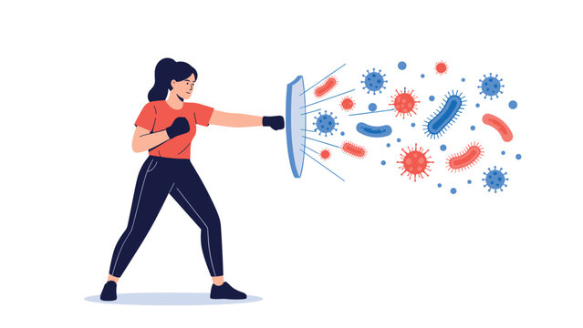 Strong woman wearing boxing gloves using a blue shield to punch and block flying virus and bacteria cells for health protection.