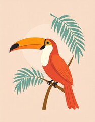 Colorful tropical bird on a branch, with foliage, on peach backdrop