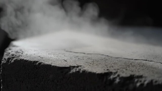 Close-up shot of white vapor or smoke flowing over a textured concrete block, creating a mysterious atmosphere.