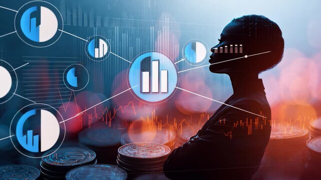 Financial Visionary: A silhouette of a thoughtful woman contemplates the ever-changing landscape of finance, surrounded by data visualizations and the promise of monetary growth. 