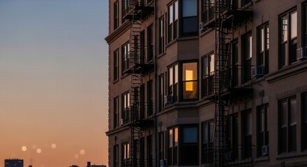Obraz premium A brick building facade with numerous windows and fire escapes is illuminated by the warm light of dusk or dawn against a gradient sky revealing distant structures