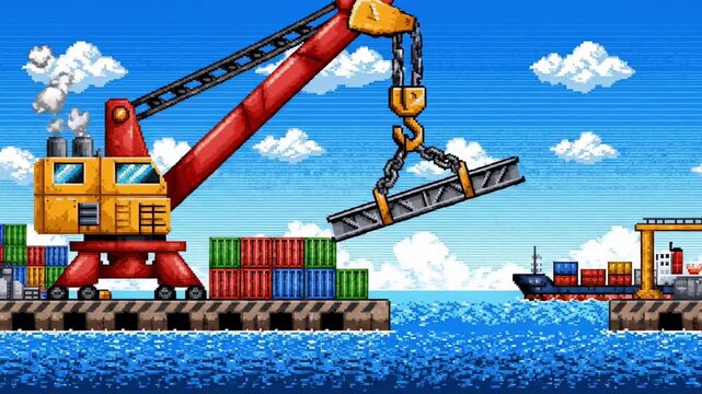 Container crane loading cargo ship at dockside with shipping containers.