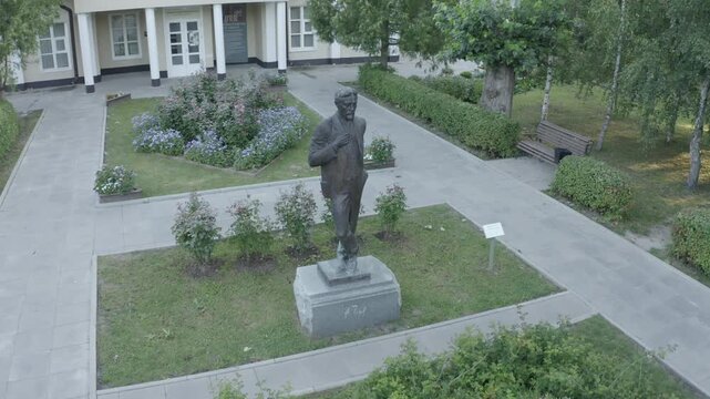 Aerial view circling Anton Chekhov statue