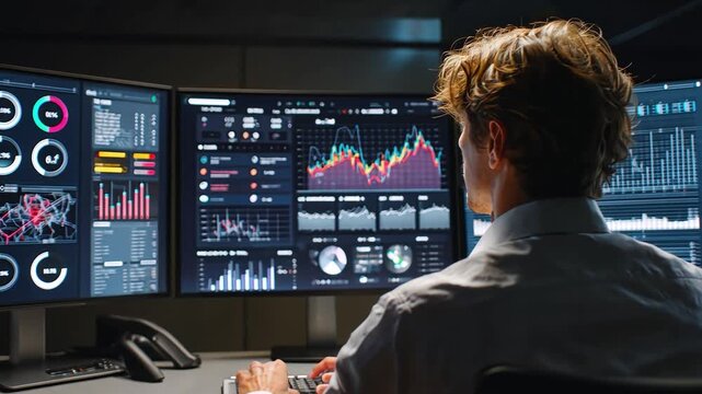 Financial Data Analyst at Work: A financial data analyst meticulously reviews complex market charts on multiple computer screens.