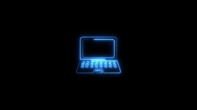 Futuristic neon blue glowing laptop computer in dark background cyber tech digital interface wireframe modern sci fi technology display holographic light effect