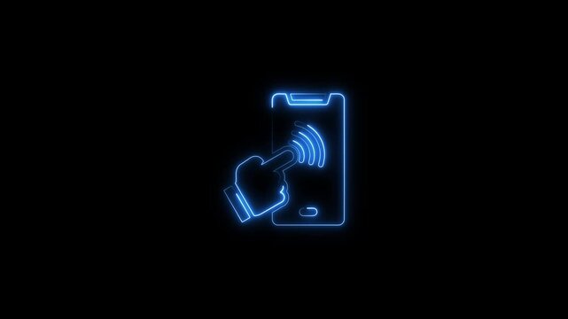 Neon glowing hand tapping smartphone with wireless signal waves digital interface futuristic technology concept blue outline cyber touchscreen interaction
