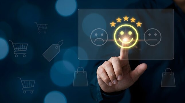 Customer satisfaction concept with a smiling face and five-star rating on a digital interface, symbolizing positive feedback and excellent service in e-commerce.