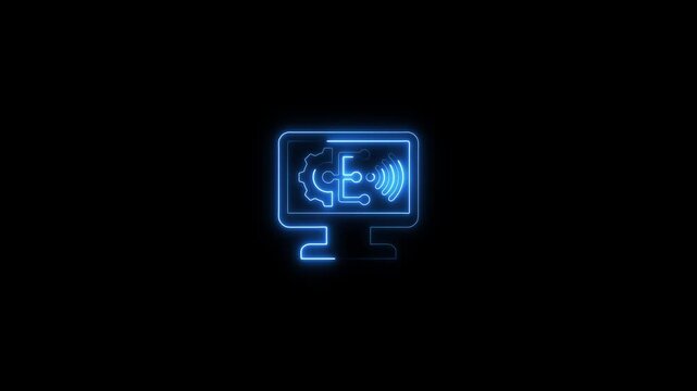 Neon blue glowing computer monitor with interconnected puzzle pieces and wireless signal waves on dark background technology innovation software development and digital connectivity themes