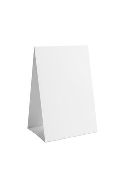 A pristine, blank, transparent A-frame table tent of sturdy paper, with subtle grey edges, on a seamless transparent studio background with no shadows, concept for brand presentation