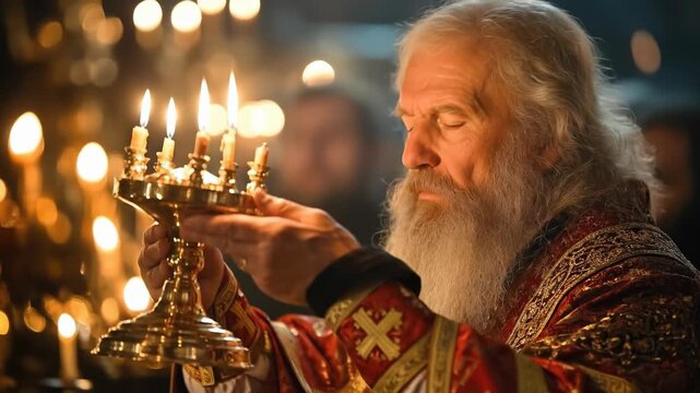 A venerable Orthodox priest with a white beard holds a golden candelabrum with lit candles, embodying spiritual devotion during a solemn Lenten service at the start of Great Lent 