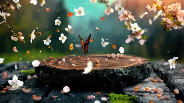 A monarch butterfly graces a rustic log, encircled by falling spring blossoms, reflecting nature's serene awakening and the vibrant essence of the vernal equinox