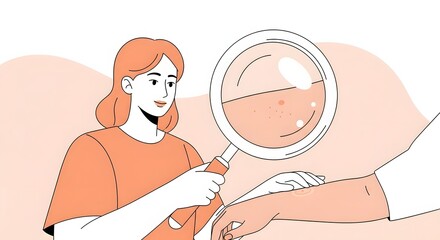 Obraz premium Dermatologist examining a patient's skin condition on the arm using a large magnifying glass during a medical consultation.