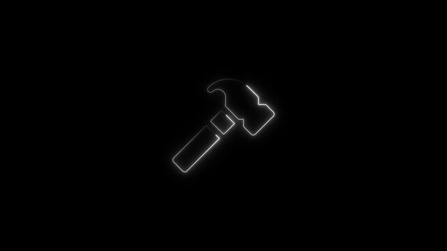Glowing neon wireframe hammer outline in dark background futuristic minimalist for tech and industrial themes