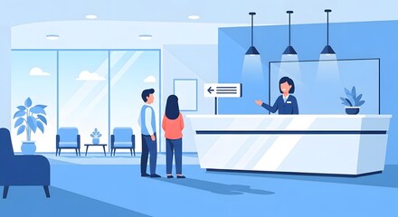 Obraz premium Couple checks in with a friendly receptionist at a modern, brightly lit medical facility waiting area reception desk.