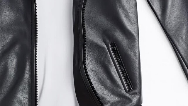 Close-up of a black leather jacket with a zipper and pocket