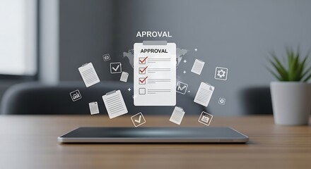 Digital Approval Process - Floating Documents and Checklist on Tablet.