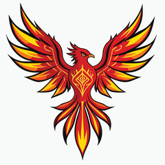 Phoenix Bird Cartoon &ndash; Fiery Red, Orange, and Yellow Mythical Bird with Symmetrical Wings and Flame Feathers in Bold Fantasy Style
