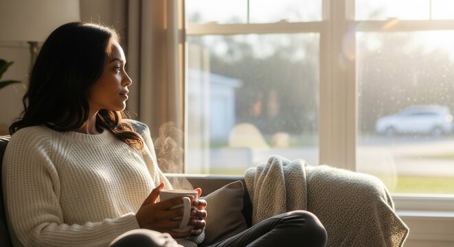 A person in a knit sweater holds a steaming mug while sitting comfortably on a couch by a large window with sunlight streaming in