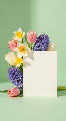 Springtime Floral Arrangement with Blank Card on Green Background.