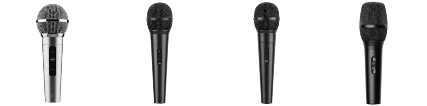 Set of professional handheld dynamic microphones for podcasting, singing, and public speaking isolated on white background