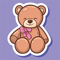 Fototapeta premium Cute Smiling Teddy Bear with Pink Bow Sticker Vector Art