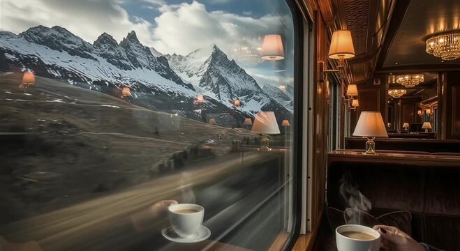 Luxury train interior with steam coffee and snowy mountain view.
​First class railway travel through the Swiss Alps at winter.