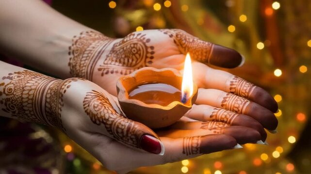 Woman's hands adorned with henna holding a lit diya lamp