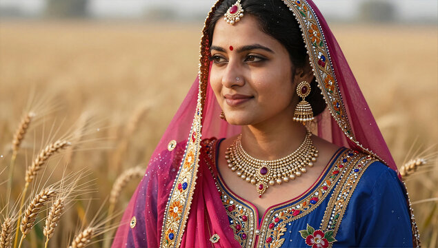Elegant Sikh Woman in Phulkari Attire Amidst Vaisakhi Wheat Fields
