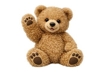 Obraz premium Teddy bear plush toy sitting and friendly waving hand, offering a warm greeting, childhood stuffed animal fun, transparent background