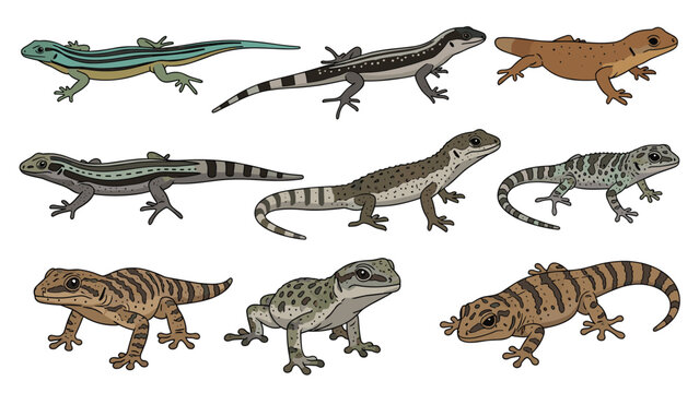 Diverse collection of lizards and geckos shows various species with different skin patterns and colors for zoology and nature studies.