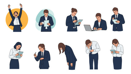 Professional business people depicted in various work-related poses such as working on laptops, taking notes, and bowing formally.