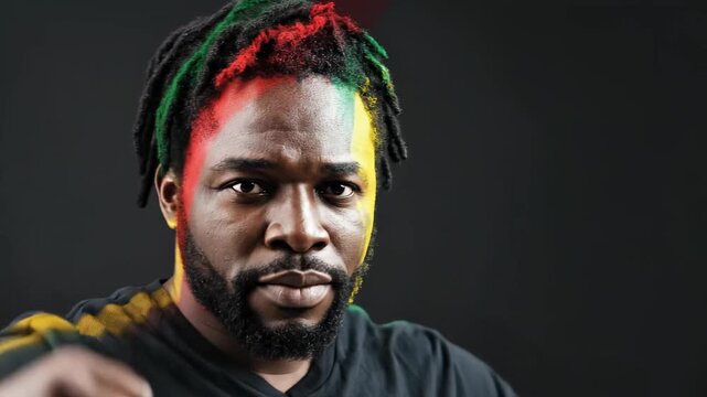 A proud African American man with dreadlocks, vibrant red, green, yellow colors on his hair and face, embodying the spirit of Juneteenth, symbolizing freedom, heritage, and identity