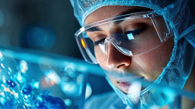 The Scientist's Gaze: A dedicated scientist peers intently at a scientific sample, her face illuminated by the subtle glow of the lab. Equipped with protective glasses and a cap.