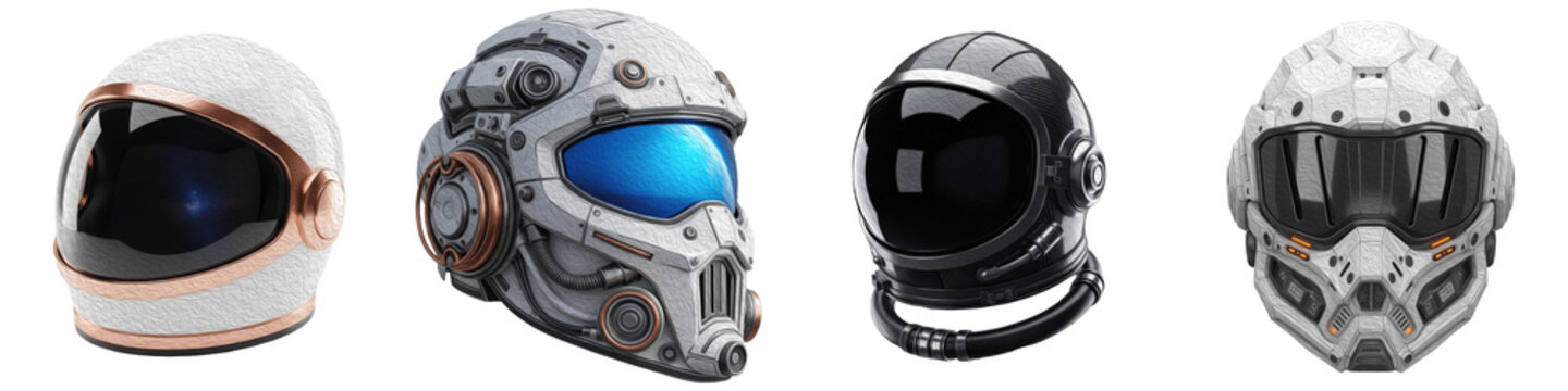 Set of futuristic astronaut helmets and sci-fi tactical headgear with visors isolated on white background